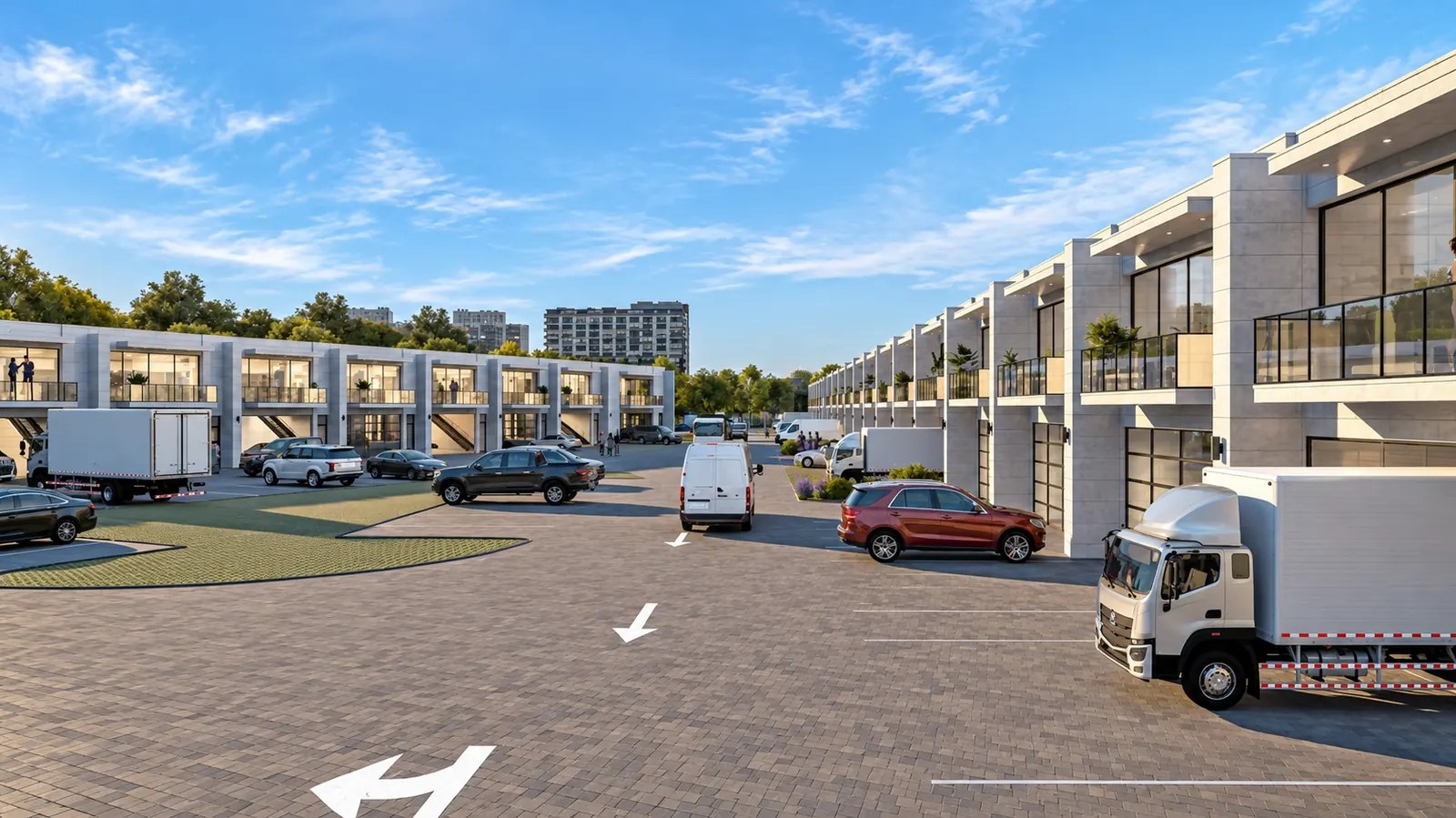 Flex Garages Stonebriar, two rows of two-story garage units with glass overhead doors and balconies around a paved drive