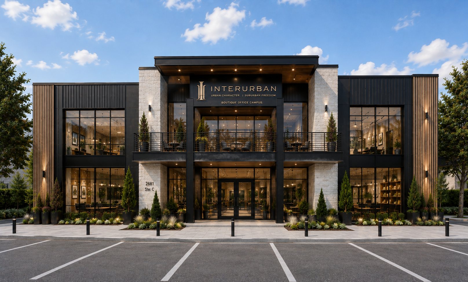 Interurban campus building with signage, two-story stone and blackened steel facade