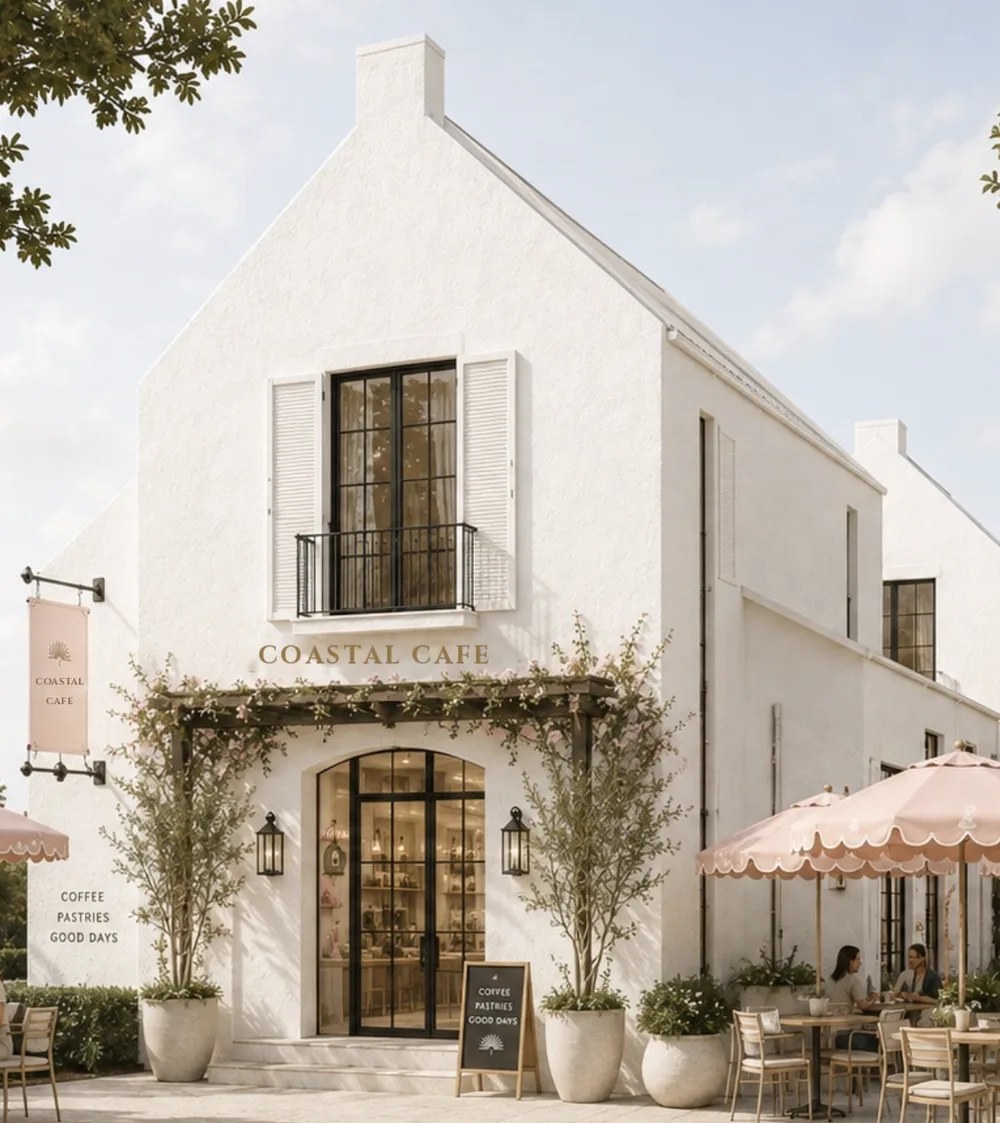 Palmera café, a white stucco building with shutters, an arched entry and pink scalloped patio umbrellas